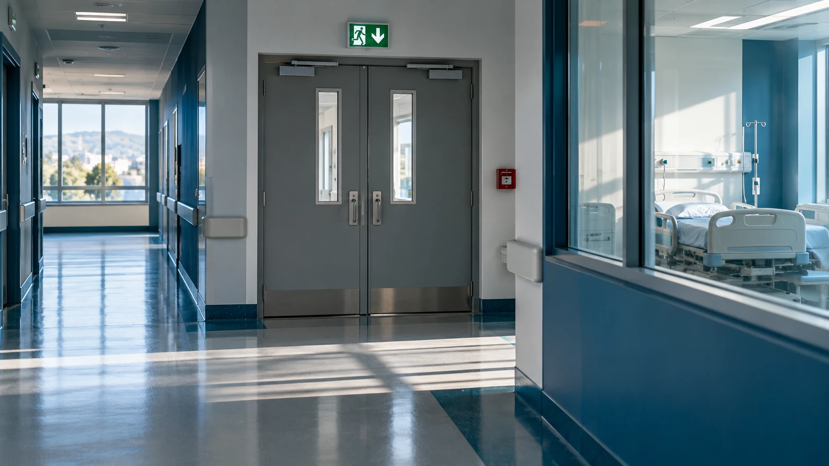 Ricostruzione illustrativa di un corridoio ospedaliero con porte di compartimentazione chiuse e percorso libero