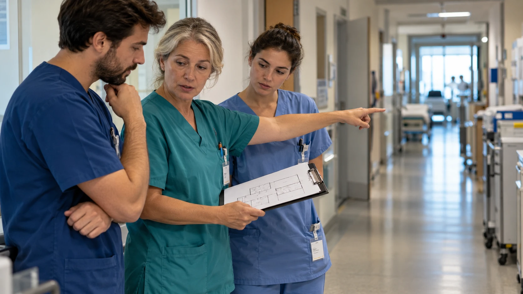 Ricostruzione illustrativa di personale sanitario che esamina una planimetria e i percorsi del reparto
