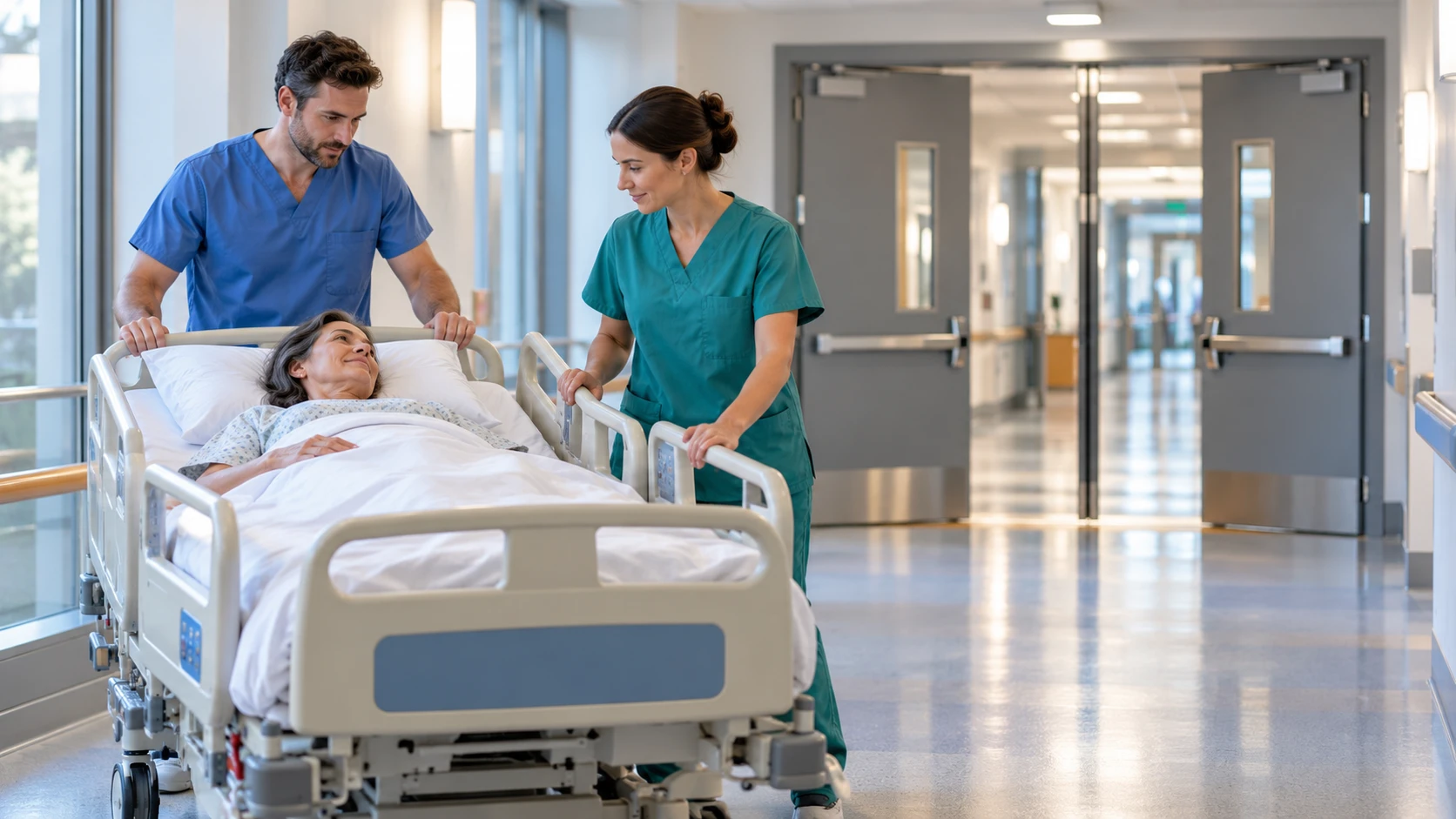 Ricostruzione illustrativa di due operatori sanitari che assistono una paziente su un letto in un corridoio ospedaliero