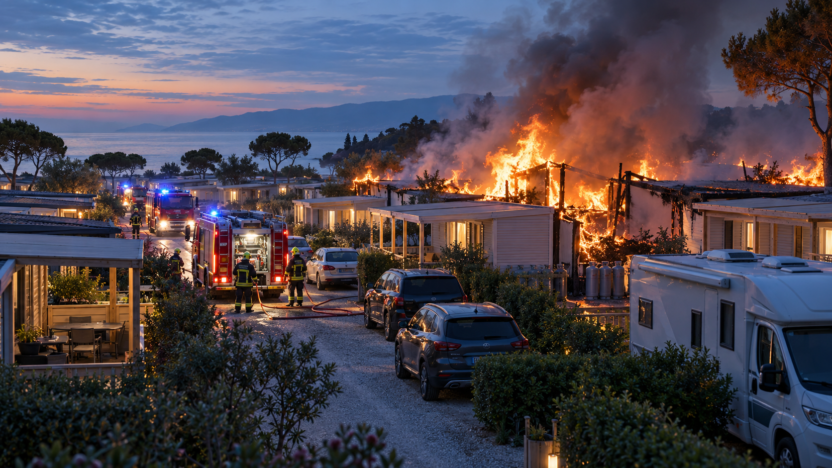 Ricostruzione didattica di un incendio che si propaga tra case mobili, automobili e bombole GPL in un campeggio all’alba