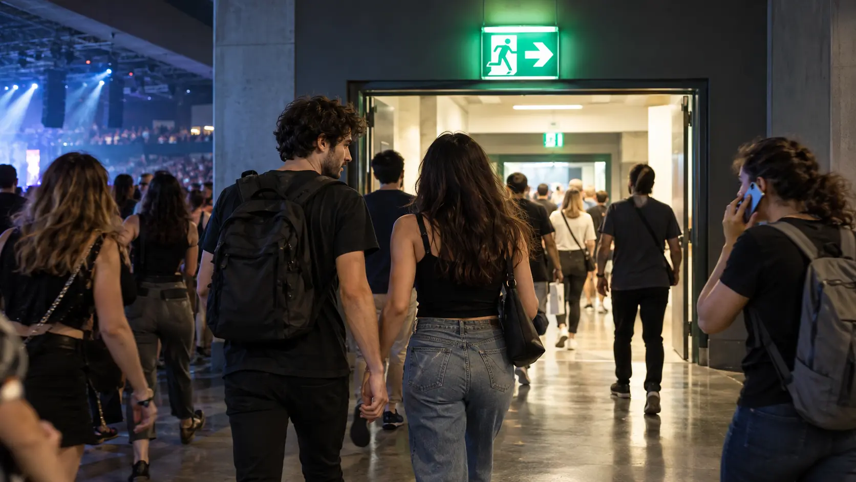 Persone che si allontanano ordinatamente seguendo la segnaletica dell’uscita di emergenza